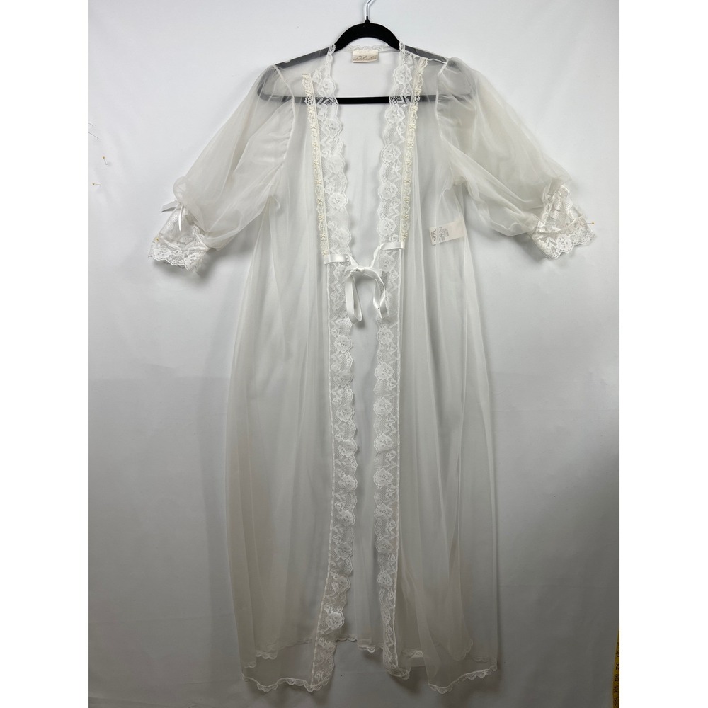 Delicates Robe Peignoir Women Medium White Sheer Lace Trim Bow Front Bridal